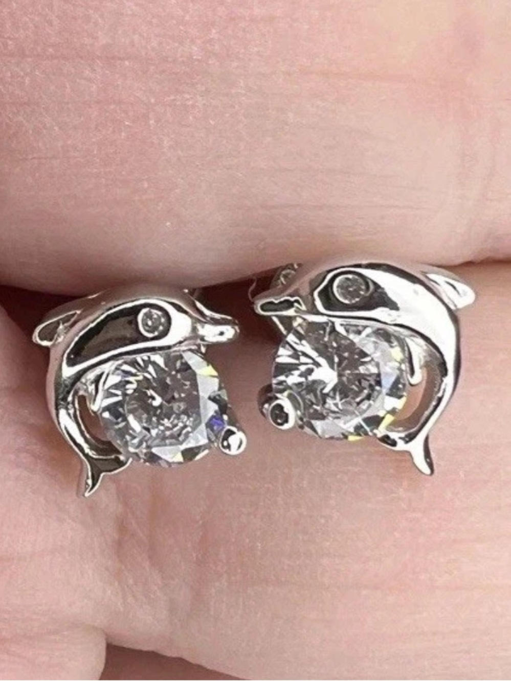 Swarovski Swan Signed Rhodium Plated Crystal Dolphin Stud Earrings